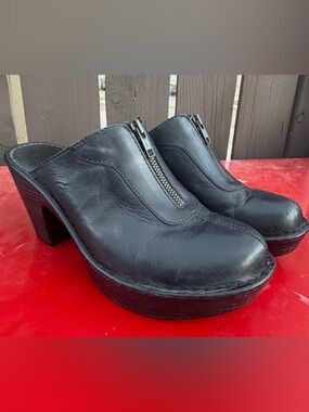 Born Black Leather Mules with Zipper Detail